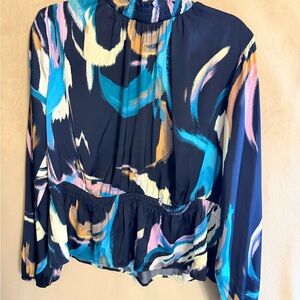 Nine West Navy Abstract Print Long Sleeve Blouse with Teal & Pink Accents